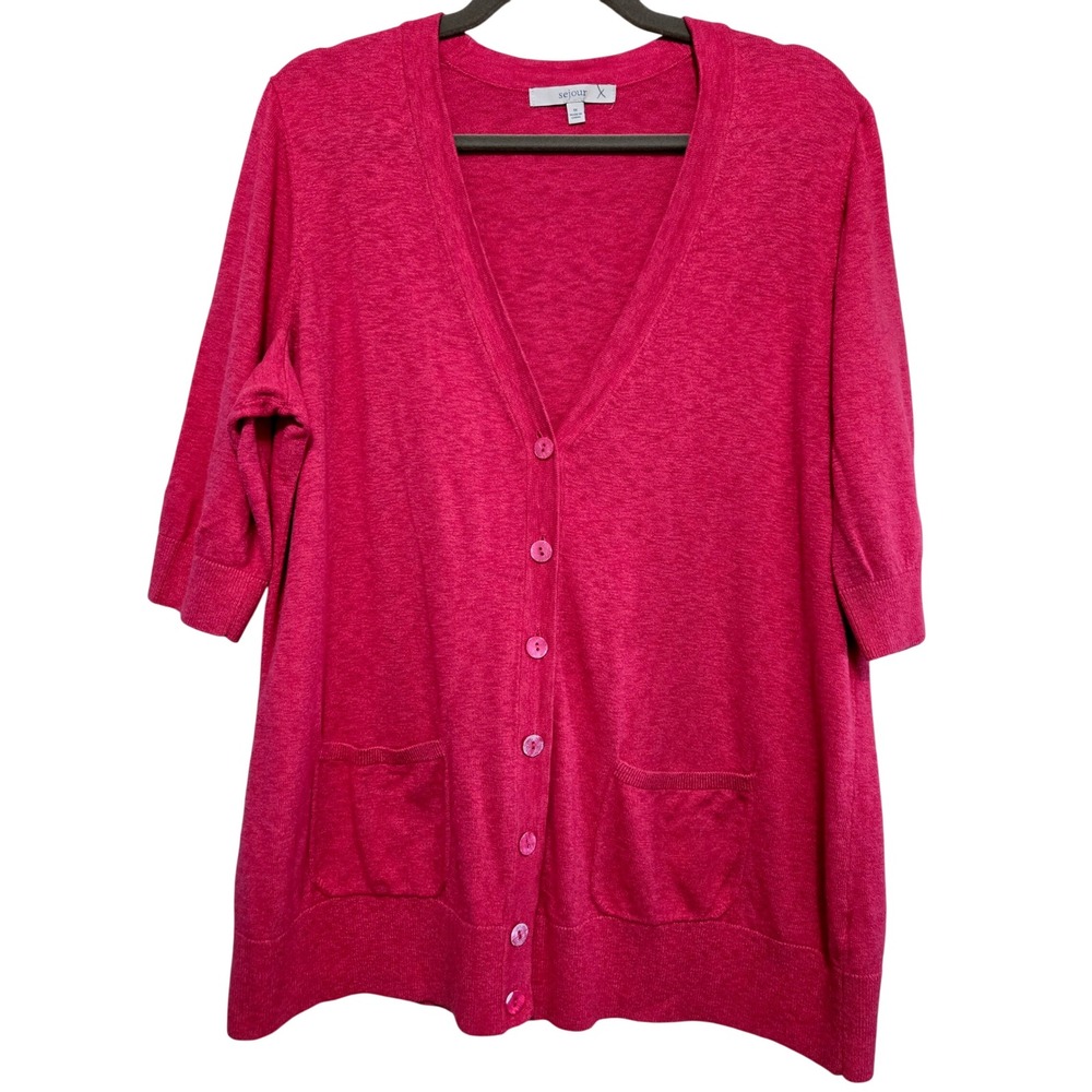 Sejour Womens 1X Boho Chic Magenta 3/4 Sleeve V-Neck Button Front Cardigan